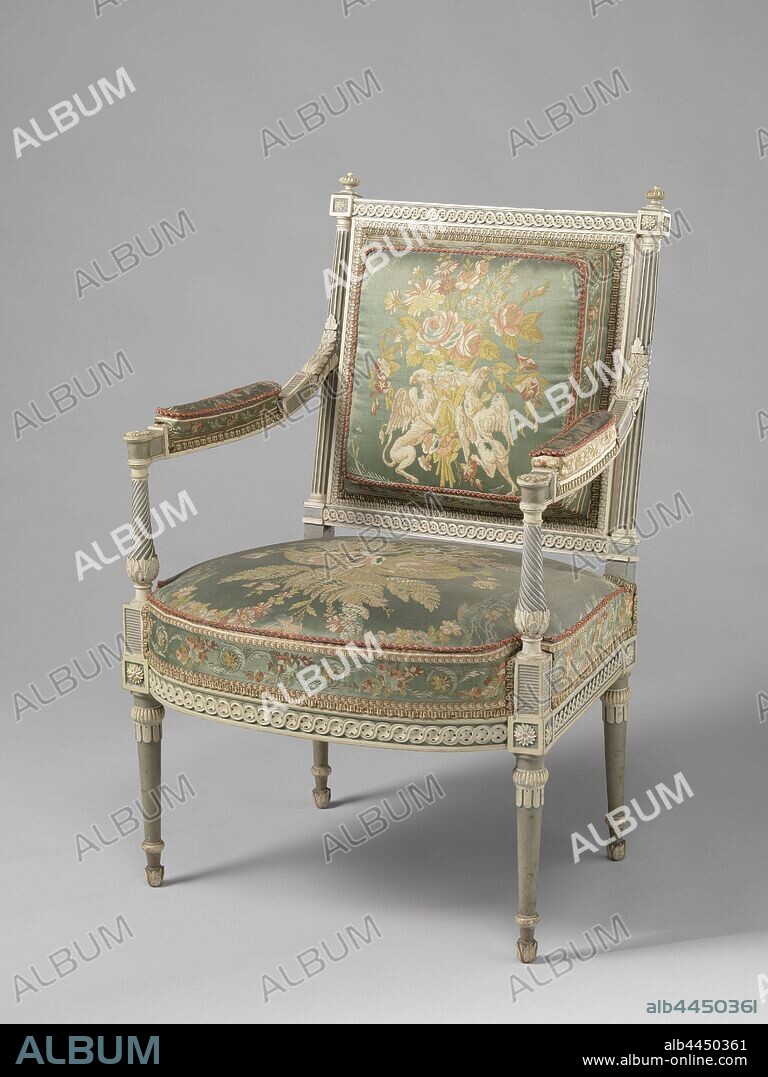 Armchair Kops furniture, Upholstered armchair from the Kops furniture, painted in white and blue-gray painted beech wood. The seat lines and sills of the back window show a woven braided band with rosettes. Vase-shaped struts with slung cannelures support the armrests with cushions, which overflow with an acanthus leaf in the Tuscan columns of the back window. The upholstery shows floral motifs on pale blue satin ground, held back by griffins, flowers ornament, griffin (lion / eagle), 'Griffo' (Ripa), Willem Philip Kops (1755-1805), anonymous, c. 1793 - c. 1795, wood (plant material), beech (wood), silk, paint (coating), h 97 cm × w 66 cm × d 65 cm h 47 cm × w 54.5 cm × d 47 cm.