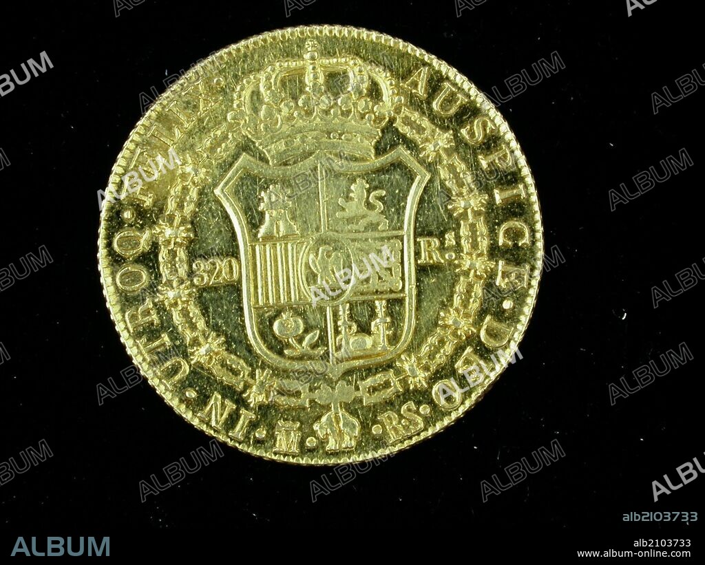 NUMISMATICA. MONEDA MODERNA. TRESCIENTOS VEINTE REALES DE VELLON DE ORO, DE JOSE NAPOLEON. REVERSO. ESCUDO CORONADO CON LAS ARMAS DE CASTILLA, LEON, ARAGON, NAVARRA, GRANADA E INDIAS.1812. (DEPOSITO: MUSEO ARQUEOLOGICO NACIONAL).