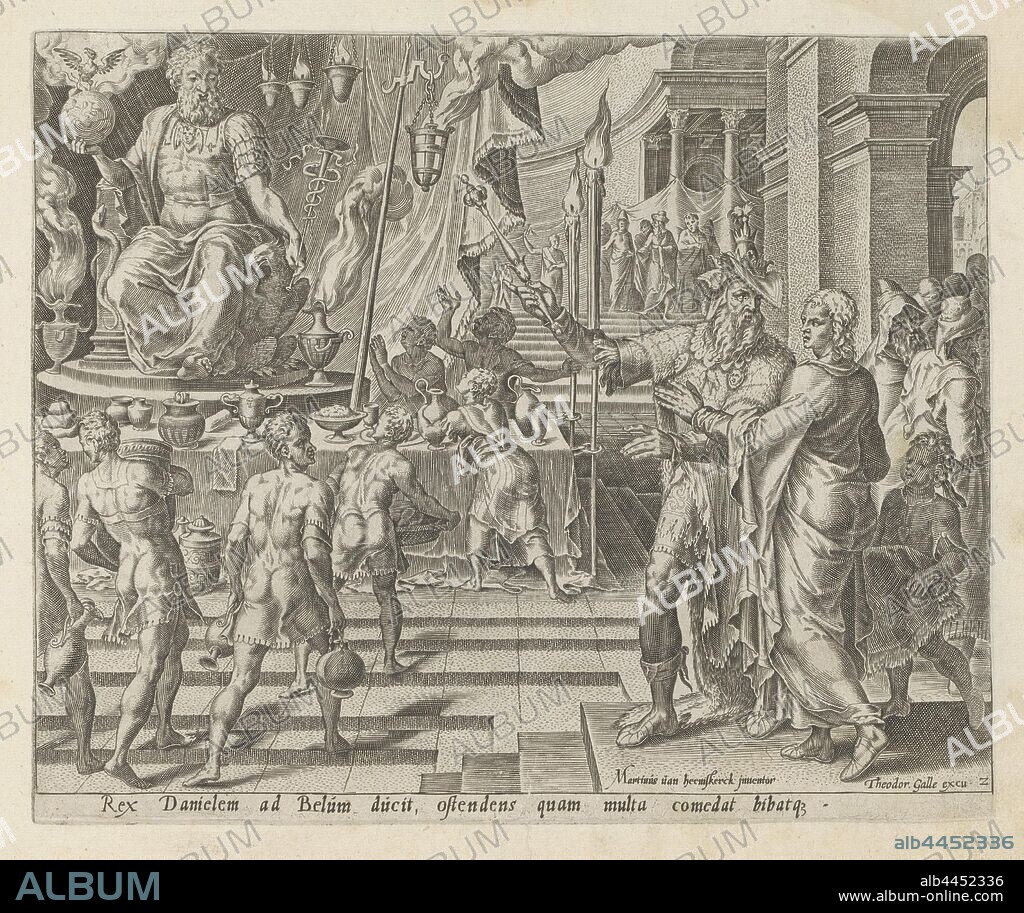 King Cyrus shows Daniel the statue of the god Bel Van den Bel and den Draeck in Babel (series title) History of Daniel, Bel and the dragon (series title) Den Grooten Figuer-Bibel (...) (series title), King Cyrus shows Daniel the temple of the god Bel. In the center of the temple is a large statue of the seated deity. Around it are vases with incense. Servants are busy displaying food and drinks on a table in front of the statue. Under the representation an explanatory text in Latin. Print is part of an album, King Cyrus sets food before the image of Bel, Daniel and his servants strew ashes on the floor of the temple, Philips Galle, 1565 and/or 1646, paper, engraving, h 204 mm × w 248 mm.