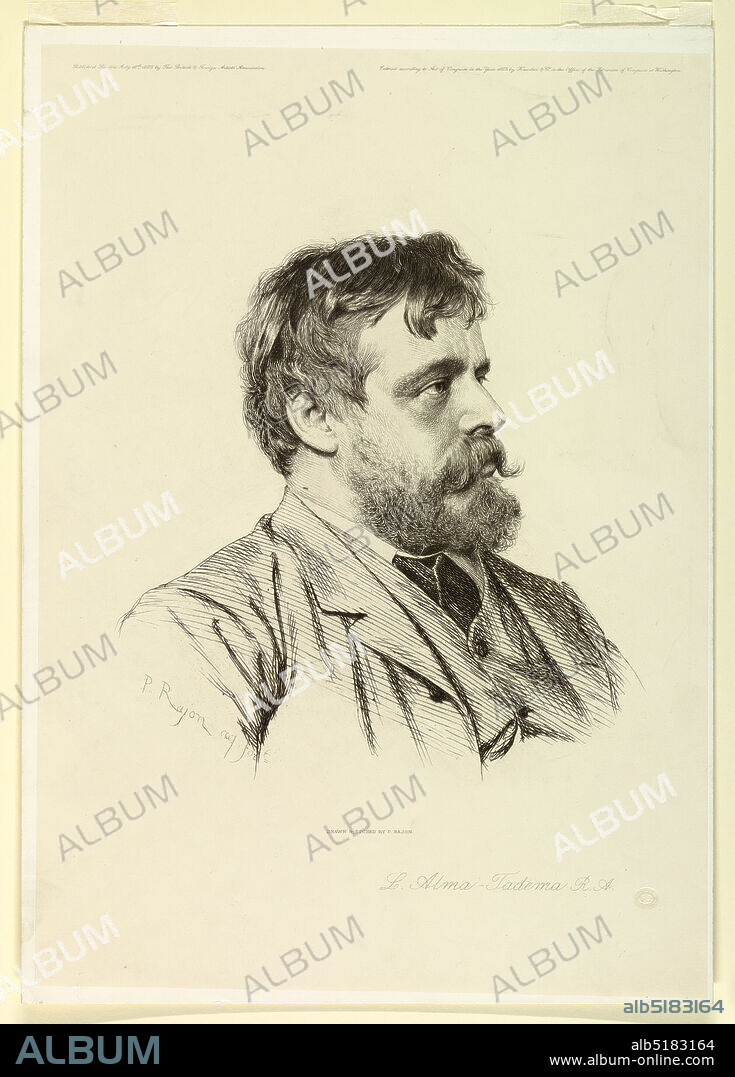 Portrait of Sir Laurence Alma-Tadema, Paul-Adolphe Rajon, French, 1842 - 1888, Etching on paper, Shoulder length portrait of the English painter, Sir Laurence Alma-Tadema (1836-1912), his gaze directed to the right. His hair is dishevelled, and he wears a full beard., France, 1883, Print, Print.