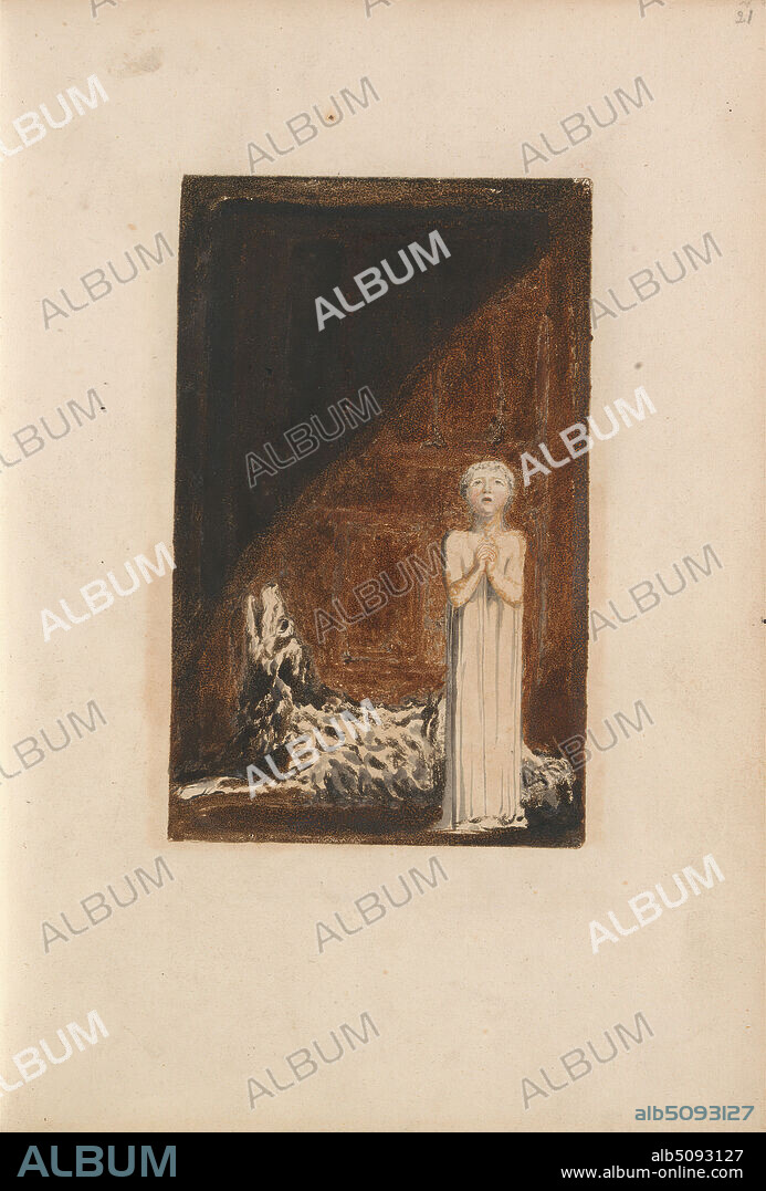 The First Book of Urizen, Plate 25 (Bentley 26), Print made by William Blake, 17571827, British, 1794, Color-printed relief etching in orange-brown with watercolor on moderately thick, slightly textured, cream wove paper, Sheet: 10 x 7 1/8 inches (25.4 x 18.1 cm), Plate: 6 1/2 x 4 inches (16.5 x 10.2 cm), and Spine: 10 1/4 inches (26 cm), children, dog (animal), infant, literary theme, religious and mythological subject, wall, wolf.