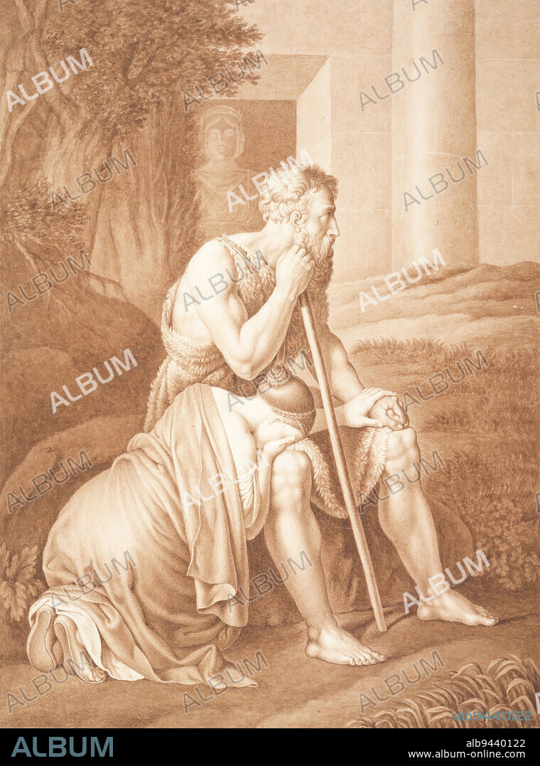 Oedipus and Antigone at Colonus, c. 1814, Johann Peter Krafft, German, 1780 - 1856, 18 1/4 x 13 5/8 in. (46.36 x 34.61 cm) (image), Brown ink and wash over graphite on off-white wove paper, Germany, 19th century.
