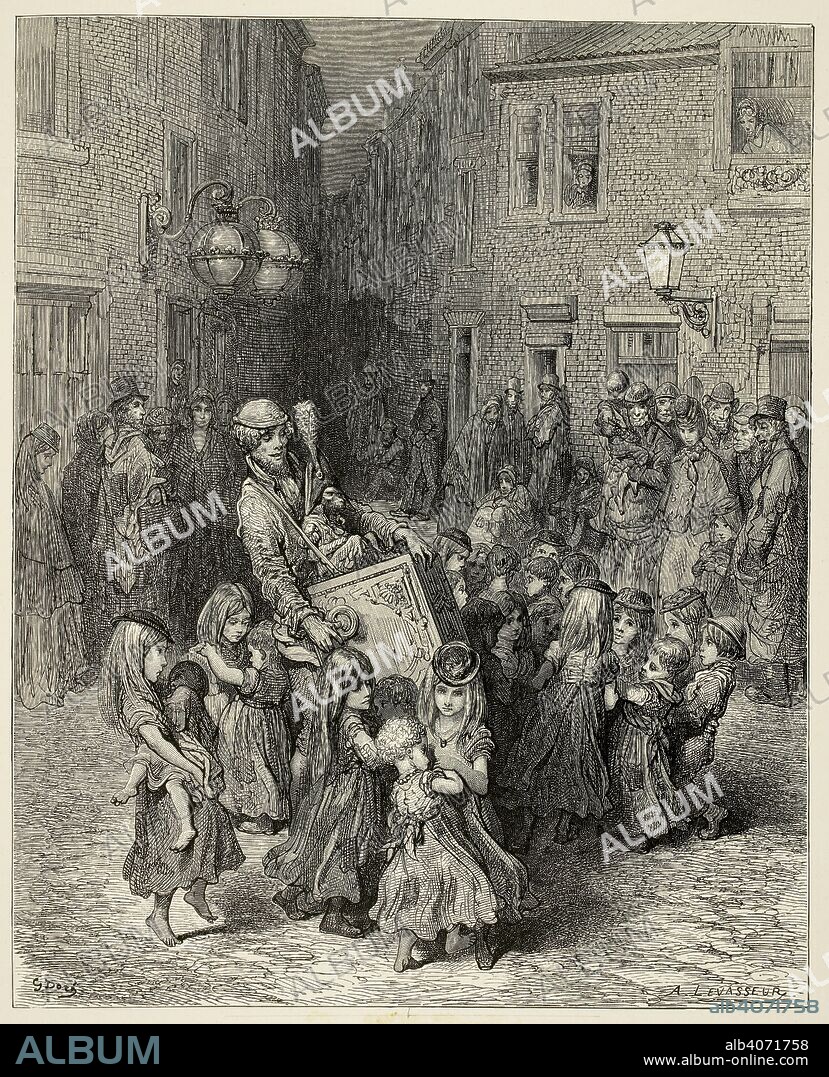 WILLIAM BLANCHARD JERROLD and LOUIS AUGUSTE GUSTAVE DORÃ©. Street scene. Children around an entertainer with possibly a performing monkey or dog. London : a pilgrimage. 1872. Dickensian / Victorian London. Source: WF1/1856 after 176.