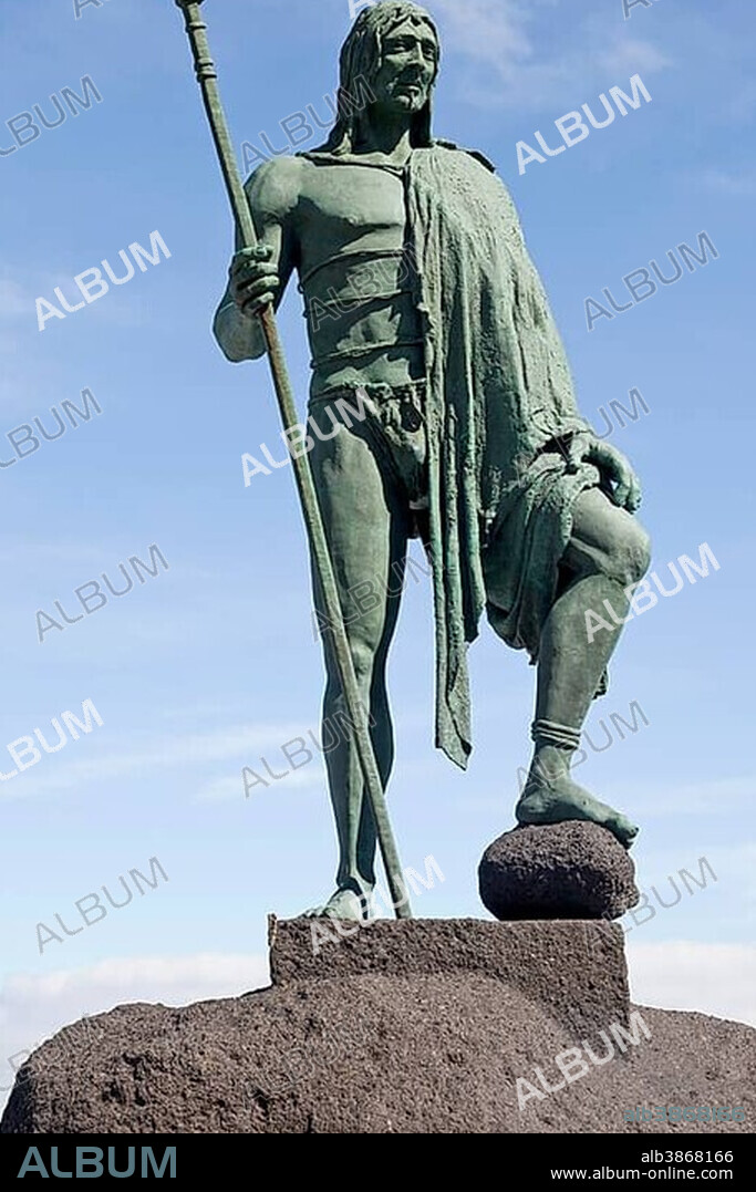 Statue of the Guanche king Mencey Tegueste, on the waterfront, Candelaria, Tenerife, Canary Islands, Spain