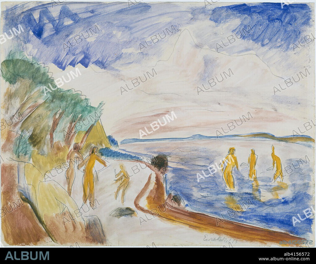 Erich Heckel (Döbeln, 1883-Radolfzell, 1970). Bañistas en la playa (1913). Acuarela y lápiz sobre papel. 38,5 x 49,5 cm.
