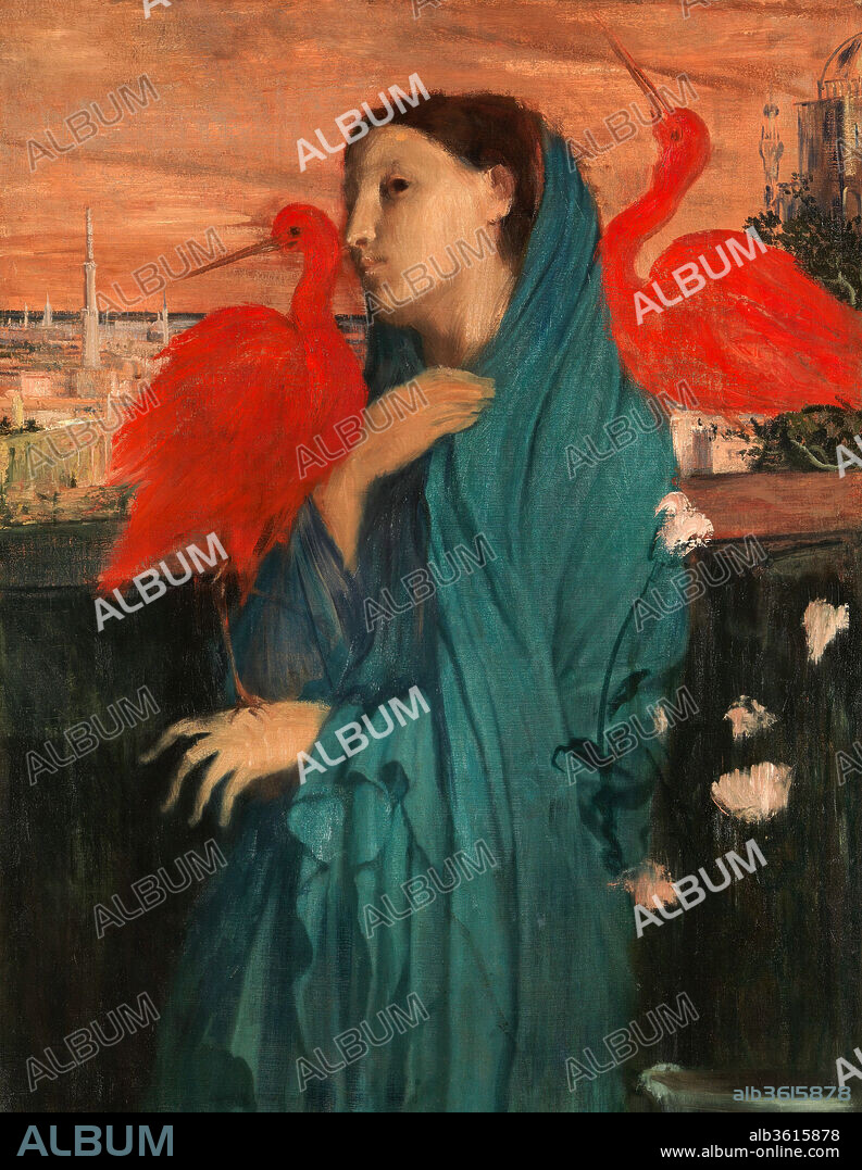 Young Woman with Ibis. Artist: Edgar Degas (French, Paris 1834-1917 Paris). Dimensions: 39 3/8 x 29 1/2 in. (100 x 74.9 cm). Date: 1860-62.
Degas made sketches of this composition in a notebook he used during his second stay in Rome in 1857-58. Originally conceived as a depiction of a pensive woman, the picture assumed a mysterious air when Degas added the imaginary Middle Eastern cityscape, the pink flowers, and the two red ibises around 1860-62. About the same time he also considered adding the brilliant birds to his large historical painting <i>Semiramis Building Babylon</i> (Musée d'Orsay, Paris).
