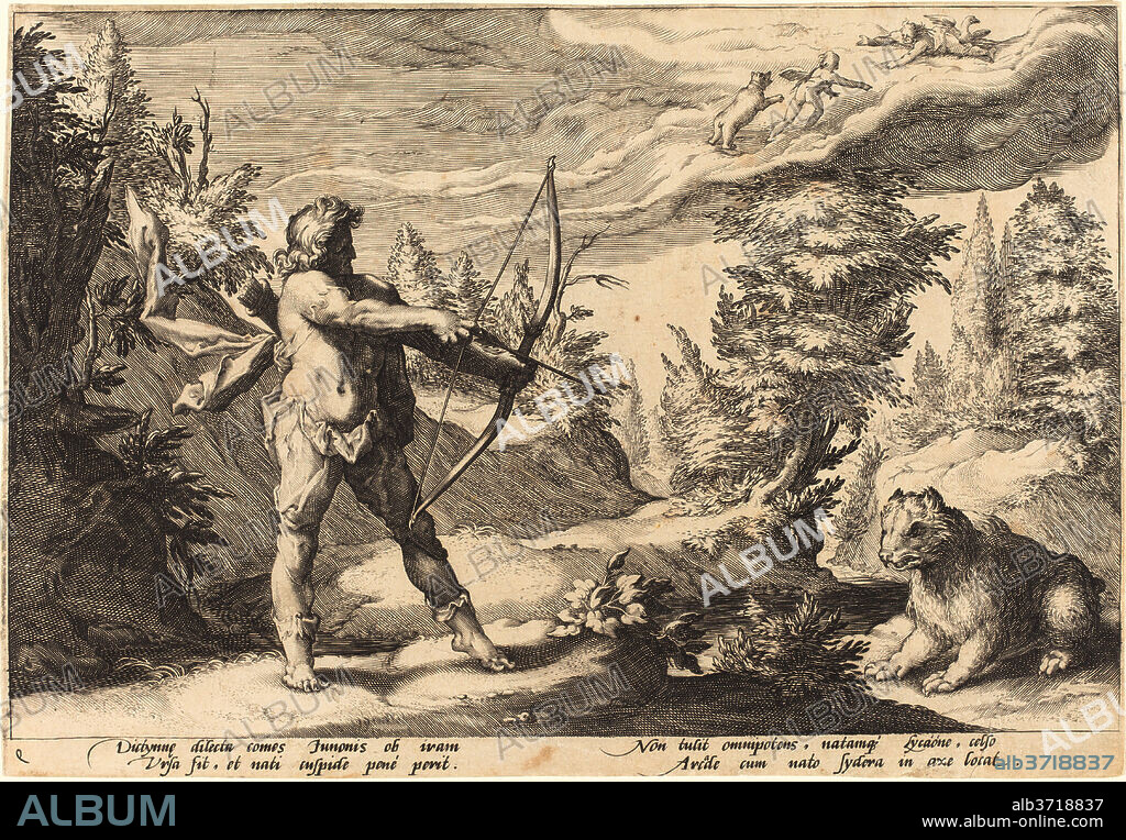 WORKSHOP OF HENDRICK GOLTZIUS, AFTER HENDRICK GOLTZIUS. Arcas Preparing to Kill His Mother. Dimensions: overall: 17.5 x 25.5 cm (6 7/8 x 10 1/16 in.). Medium: engraving on laid paper.