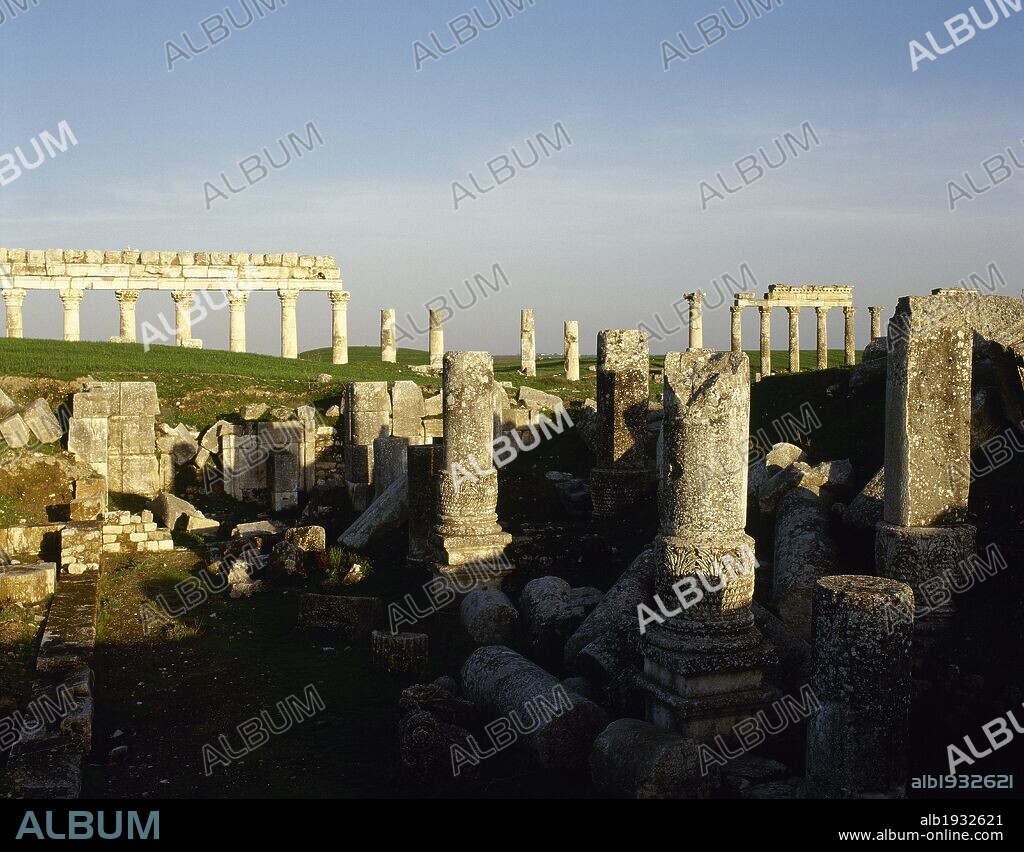 Syria. Apamea or Apameia (Afamia). It was an ancient Greek and Roman city. Ruins of the Temple of Zeus Belos with Great colonnade in the background. Photo taken before Syrian Civil War.