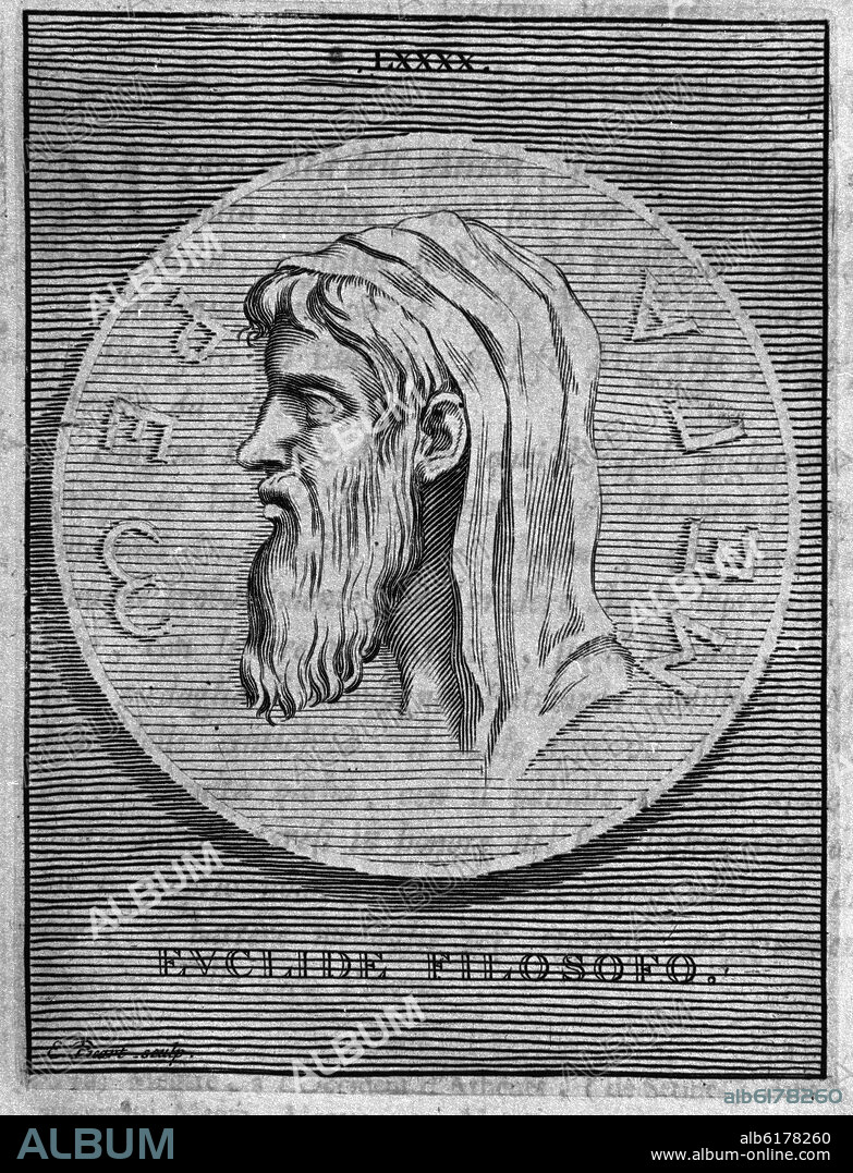 ETIENNE PICART (1632-1721). RETRATO DE EUCLIDES-FILOSOFIA- 300 A.C/? -GRABADO NEOCLASICO S XVIII-ALBUM ANTICUARIO.