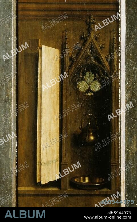 Eyck, Jan van; c.1390-1441 (in collaboration with Hubert van Eyck). "Annunciation", completed in 1432; detail: interior with washbasin.-Ghent altar, exterior, middle, right. On wood, overall measurements when open c.350 x 450cm. Ghent, S.Bavo.