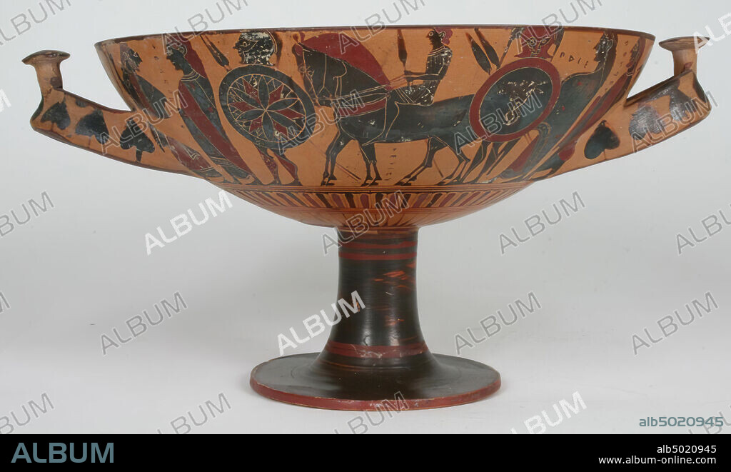 Attic black-figure kylix or merrythought cup. Decoration of a scene or horsemen surrounded by men, some of them hoplites, and women. Under the ears a swan and a panther., Attic black-figured kylix or so-called merrythought cup with representation in a frieze on the front and back. A: v.l.n. a draped man to the left, a man to the left in chiton and himation, a woman, a hoplite with a helmet, a young rider with, vase, kylix, merrythought cup, Knopfhenkelschale, pottery, blackfine, Attic, 13.3 cm, ø 20.9 cm, archaic, blackfine, Attic, Merry-560.