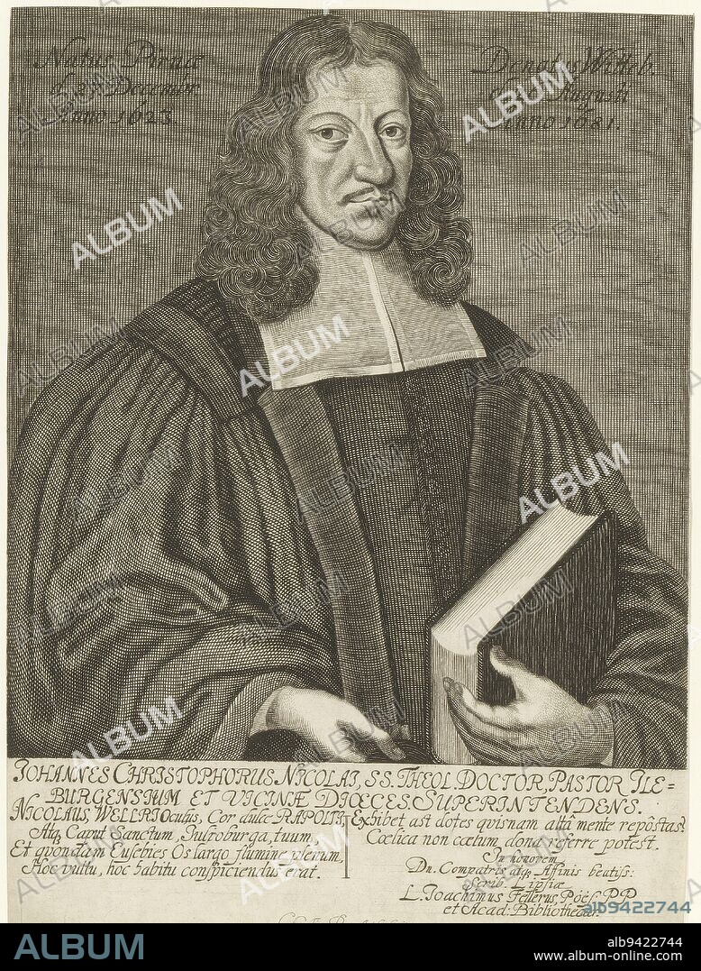 Portrait of Johann Christoph Nicolai, Christian Romstet, 1665 - 1721, print maker: Christian Romstet, (mentioned on object), Joachim Feller, (mentioned on object), 1665 - 1721, paper, engraving, h 208 mm - w 155 mm.