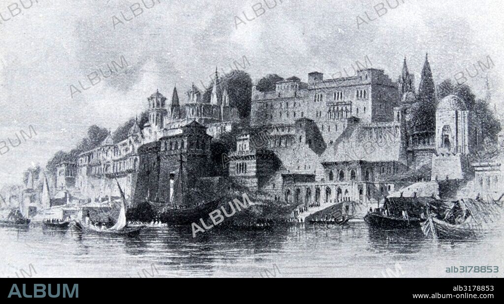 Illustration depicting the City of Benares, where Buddha preached his great sermon.