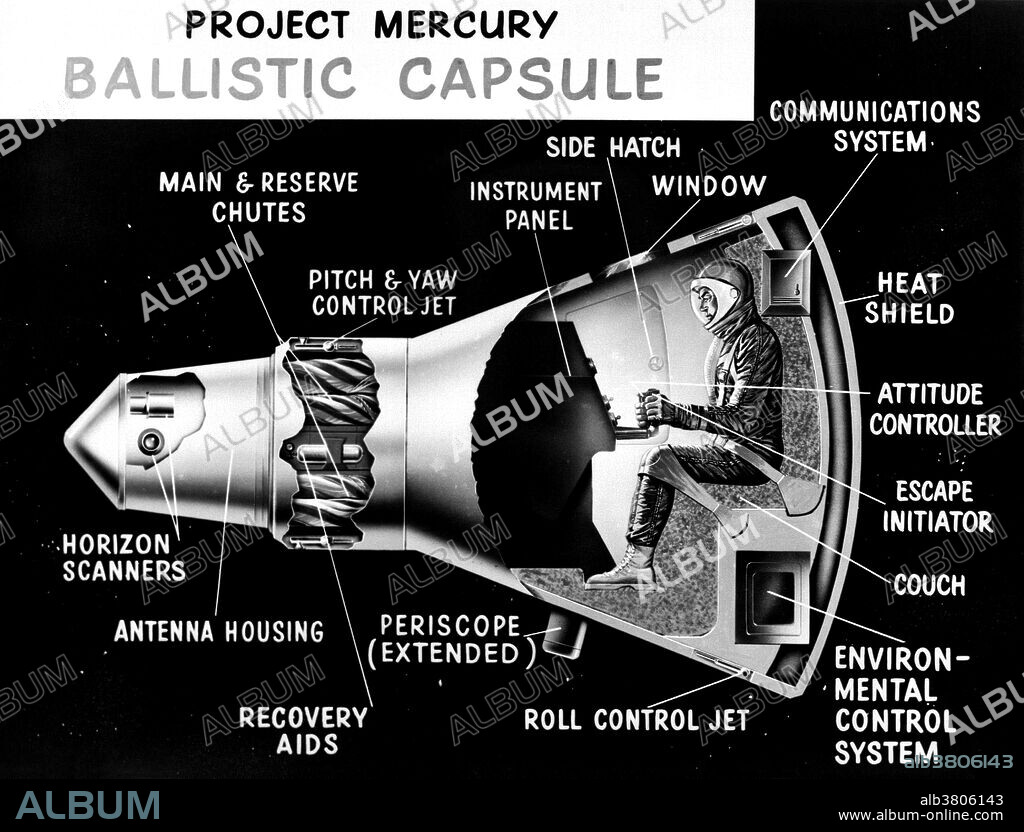 Cutaway drawing of the Mercury capsule was used by the Space Task Group at the first NASA inspection, on October 24, 1959. The Mercury spacecraft was 10.8 feet long and 6.0 feet wide; with the launch escape system added, the overall length was 25.9 feet. With 100 cubic feet of habitable volume, the capsule was just large enough for a single crew member. Inside were 120 controls: 55 electrical switches, 30 fuses and 35 mechanical levers. The heaviest spacecraft, Mercury-Atlas 9, weighed 3,000 pounds fully loaded. The spacecraft was cone shaped, with a neck at the narrow end. It had a convex base, which carried a heat shield consisting of an aluminum honeycomb covered with multiple layers of fiberglass. The astronaut lay in a sitting position with his back to the heat shield. A form-fitted fiberglass seat was custom-molded from each astronaut's space-suited body for maximum support. Near his left hand was a manual abort handle to activate the launch escape system if necessary prior to or during liftoff, in case the automatic trigger failed.