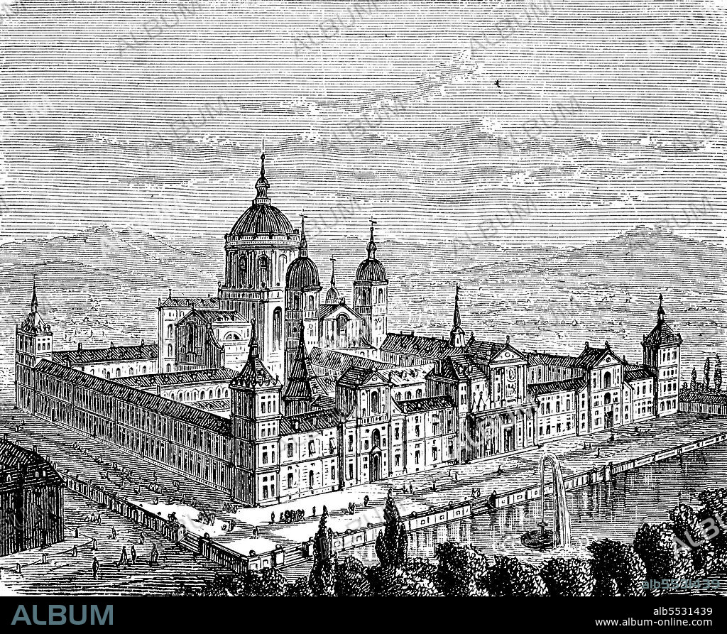 Real Sitio de San Lorenzo de El Escorial, Royal Seat of St. Lawrence of El Escorial, palace and monastery complex, locality of San Lorenzo de El Escorial in the northwest of the Madrid region, Spain, in 1880.