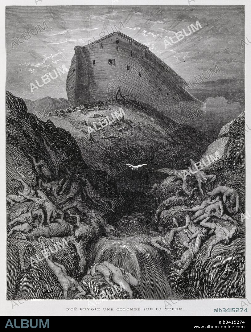 Noah sends out a dove from the ark to find dry land after the great flood, Illustration from the Dore Bible 1866. In 1866, the French artist and illustrator Gustave Dore (1832–1883), published a series of 241 wood engravings for a new deluxe edition of the 1843 French translation of the Vulgate Bible, popularly known as the Bible de Tours. This new edition was known as La Grande Bible de Tours and its illustrations were immensely successful.