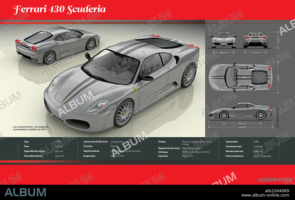 Ferrari 430 Scuderia. Infographic about the technical features and dimensions of the coupe superfast and convertible Ferrari 430 Scuderia, 2007 model.