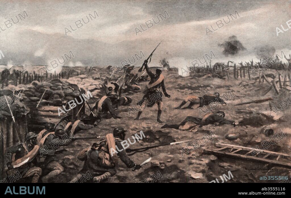 Primera guerra mundial (1914-1918). Francia. Tropas senegalesas participantes en la batalla del Somme. Grabado de 1916.