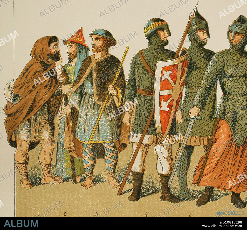 Normandos, 1000-1100. De izquierda a derecha, 1: pastor, 2: noble, 3: peregrino, 4-5-6: guerreros. Cromolitografía. "Historia Universal", por César Cantú. Tomo V, 1884.