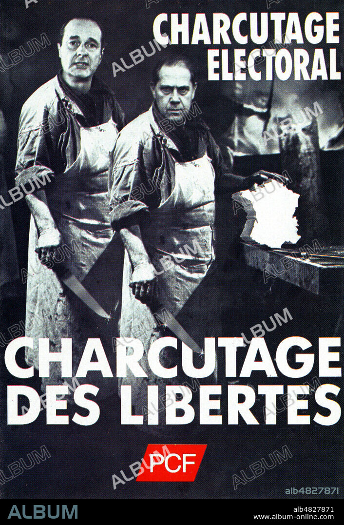 'Charcutage electoral, charcutage des libertes'. Chirac et Pasqua en bouchers. Carte postale editee par le PCF vers 1986. Credit : IM/KHARBINE-TAPABOR.