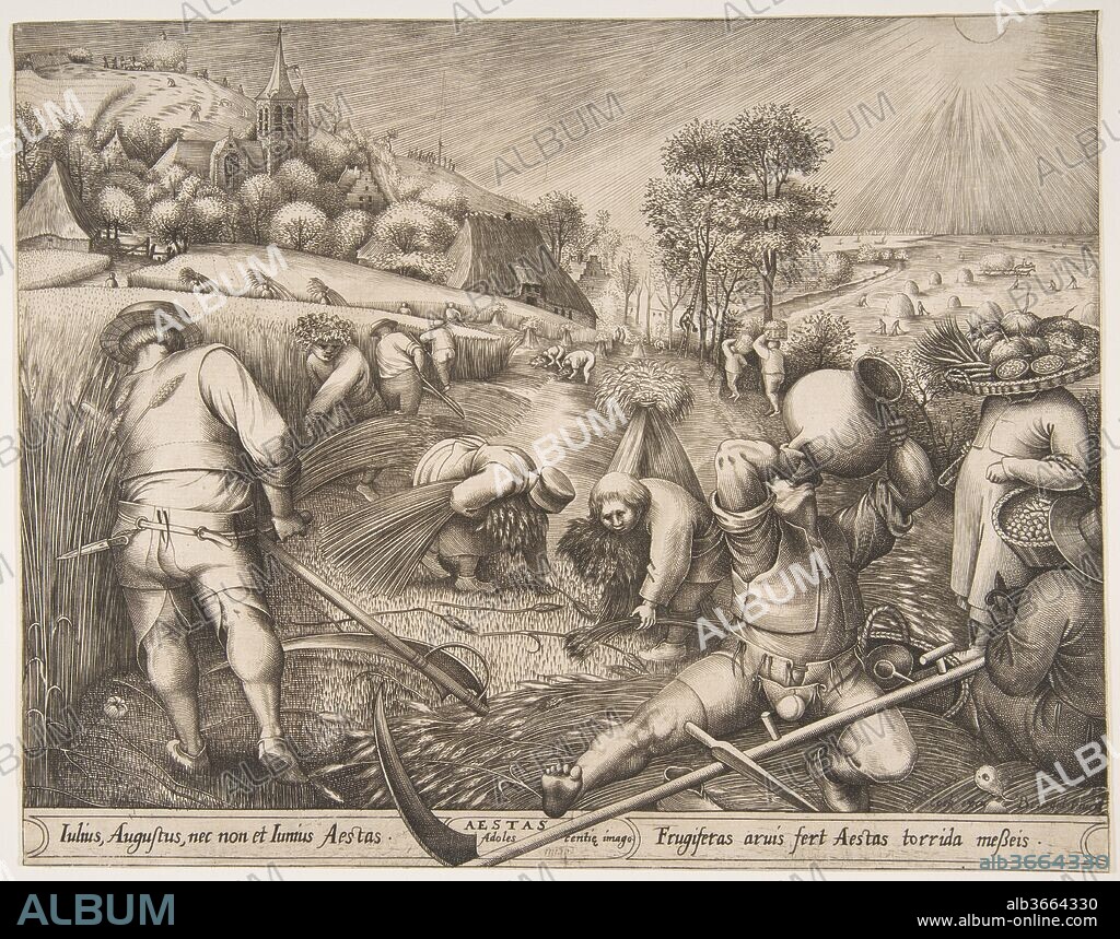 Summer (Aestas) from the series The Seasons. Artist: Pieter van der Heyden (Netherlandish, ca. 1525-1569); After Pieter Bruegel the Elder (Netherlandish, Breda (?) ca. 1525-1569 Brussels). Dimensions: Sheet: 8 7/8 x 11 5/16 in. (22.5 x 28.7 cm). Publisher: Hieronymus Cock (Netherlandish, Antwerp ca. 1510-1570 Antwerp). Date: 1570.
Conceived of as one of a four-part series on the seasons, this image represents the activities traditionally associated with the summer months: fruit picking for June, hay harvesting for July, and corn harvesting for August. It complements the engraving of Spring (1570), the only other in the series to have been completed after Bruegel's design. Pieter van der Heyden did the engraving after Bruegel's drawing, in which figures were rendered left-handed so as to be right-handed in the reversed print image. Depictions of the seasons were common in Northern European manuscripts, paintings, and prints. Bruegel used his sharp eye for humorous detail and his pitch-perfect characterization to portray summer as a time of thirst-inducing, if somewhat disorganized, labor. The daring motif of having the foot of the enthusiastic drinker in the foreground overlap the lower border of the image serves to underscore the unbridled nature of his behavior. The actions of these peasant workers have the tendency, the image seems to suggest, to overstep the boundaries of proper habits or good taste. In the border below, the central portion of the inscription reads "Summer, image of youth," succinctly associating the progression of the seasons with the ages of man.