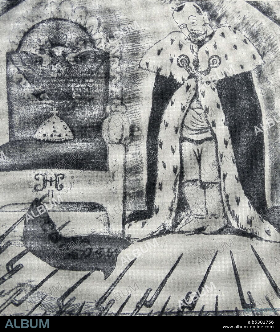 Cartoon satirising the abdication of Tsar Nicholas II of Russia 1917.