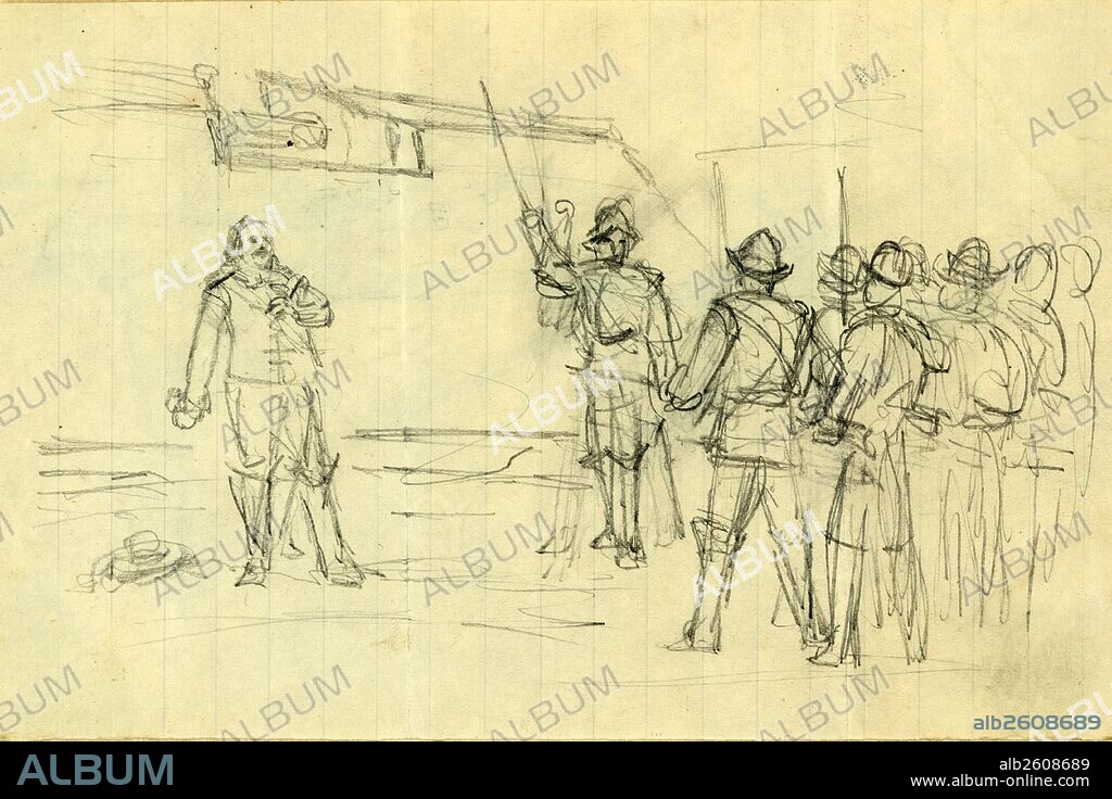 Scene with conquistadors, 1860-1865, drawing, 1862-1865, by Alfred R Waud, 1828-1891, an american artist famous for his American Civil War sketches, America, US.