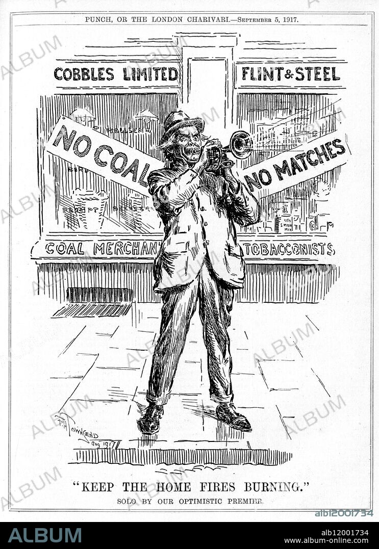 David Lloyd George cartoon for Punch magazine 5 September 1917. " Keep the Home Fires Burning " solo by our optimistic Premier.