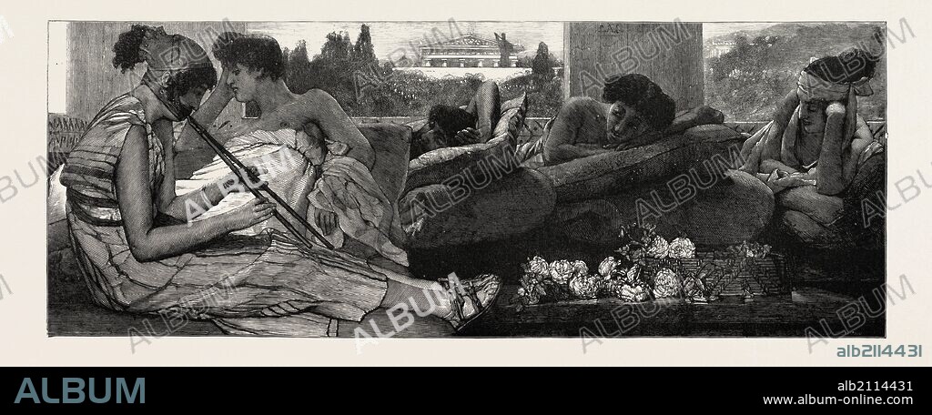 THE SIESTA, FROM THE PAINTING BY L. ALMA-TADEMA IN THE EXHIBITION OF THE ROYAL ACADEMY, UK, 1890 engraving.