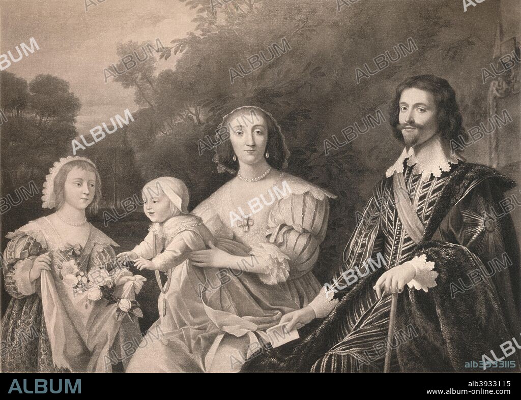 'George Villiers, Duke of Buckingham and Family', 1628, (1904). Villiers was the favourite, and some claim, lover of King James I of England and one of the most rewarded royal courtiers in all history. From the collection of the National Portrait Gallery, London. From James I. and VI, by T. F. Henderson. [Goupil & Co., Paris, Edinburgh, New York, London, 1904].