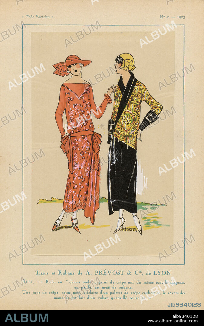 Très Parisien, 1923, No. 2: Tissus et Rubans de A. PRÉVOST & CIE ..., Fabrics and ribbons by A. Prévost & Cie. Dress of 'damas ondé' decorated with plain crepe. Straw hat in the same color decorated with ribbons. A skirt of black 'crêpe satin' and a paletot of 'crêpe cachemire', the cuffs of which are made of scotch check ribbon in red and gold. Print from the fashion magazine Très Parisien (1920-1936)., print maker: anonymous, A. et Cie Prévost (mentioned on object), Lyon, Paris, 1923, paper, letterpress printing, height 269 mm × width 180 mm.