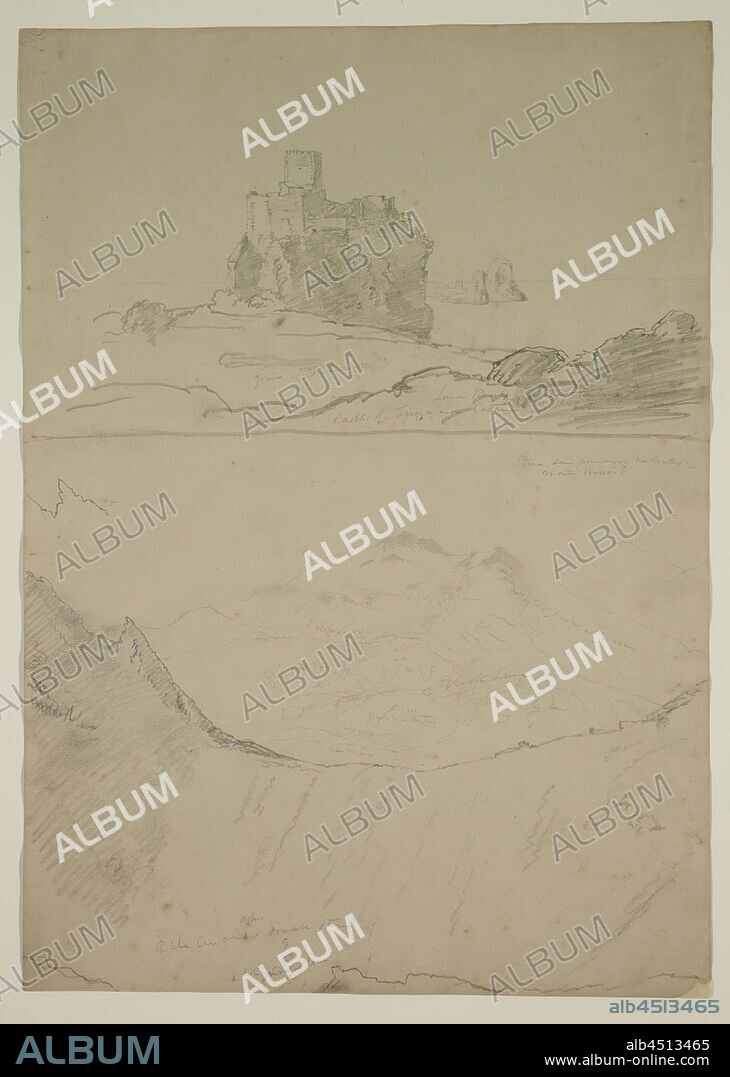 Thomas Cole, American, 1801-1848, Castle of Trezza near Catania and Etna as Seen from Monte Rosso, Sicily, 1842, graphite pencil on tan wove paper, Image (upper composition): 6 7/8 × 11 3/8 inches (17.5 × 28.9 cm).