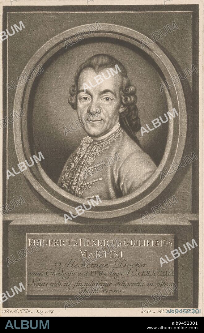 Portrait of Friedrich Heinrich Wilhelm Martini, Johann Elias Haid, after Joachim Martin Falbe, 1775, print maker: Johann Elias Haid, (mentioned on object), intermediary draughtsman: Joachim Martin Falbe, (mentioned on object), 1775, paper, h 222 mm - w 142 mm.