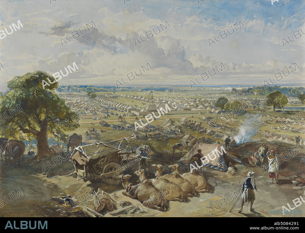 The Governor-General's and Commander-in-Chief's Camp at Jalandhar, 1 Febuary 1860, William Simpson, 18231899, British, ca. 1860, Watercolor and gouache over graphite on medium, slightly texured, blue wove paper, Sheet: 9 7/8 x 13 7/8 inches (25.1 x 35.2 cm), armed forces, army, camels (mammals), camp (temporary settlement), elephants (animals), fire, flags, historical subject, jugs, landscape, military art, smoke, soldiers, tents, trees, wagon, Asia, India, Jalandhar, Punjab.