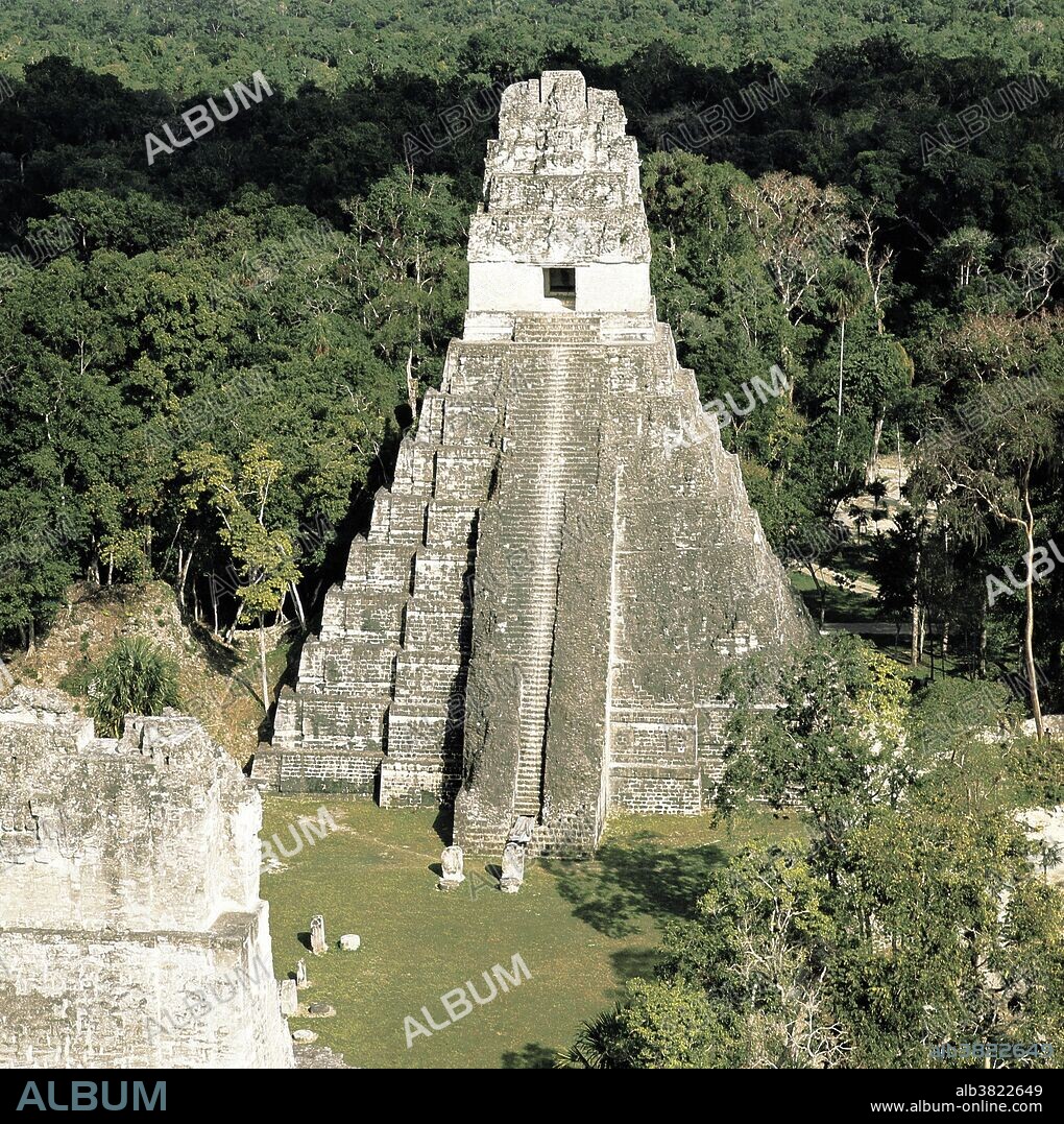 The Mayan ruins of Tikal in the Peten Jungle, Guatemala. This particular temple is referred to as the Temple of the Giant Jaguar.