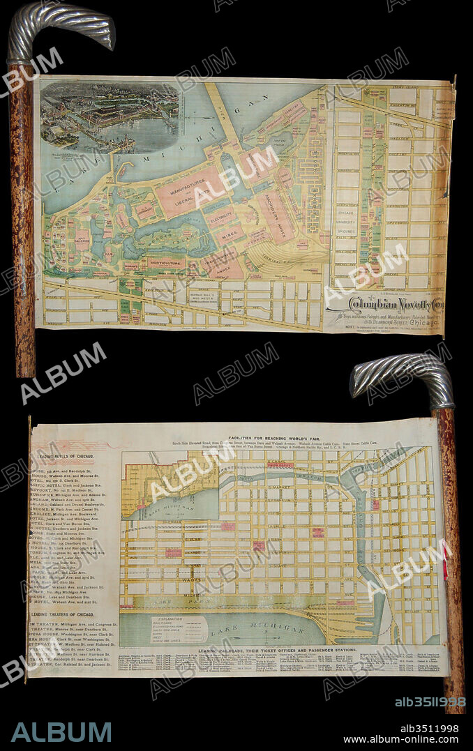 1893, Novelty Cane Map of the Chicago World's Fair or Columbian Exposition.