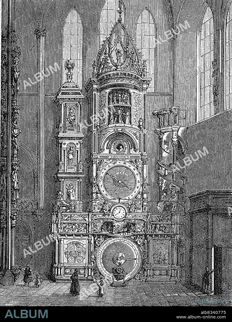 Die Uhr im Straüburger Mºnster, Astronomische Uhr, links daneben der Engelspfeiler, Straüburg, Frankreich, um 1870 / The clock in Strasbourg Cathedral, astronomical clock, to the left the angel pillar, Strasbourg, France, c. 1870, Historisch, historical, digital improved reproduction of an original from the 19th century / digital restaurierte Reproduktion einer Originalvorlage aus dem 19. Jahrhundert, genaues Originaldatum nicht bekannt.
