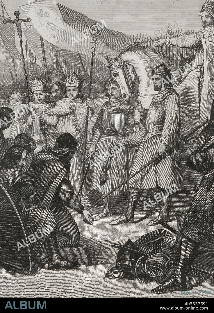 ANTONIO ROCA SALLENT (1814-1864). SPANISH ENGRAVER.. Mauregatus of Asturias, the Usurper (?-788). King of Asturias from 783 to 788. Portrait. Engraving by Antonio Roca. Las Glorias Nacionales. Volume II, Madrid-Barcelona edition, 1853.