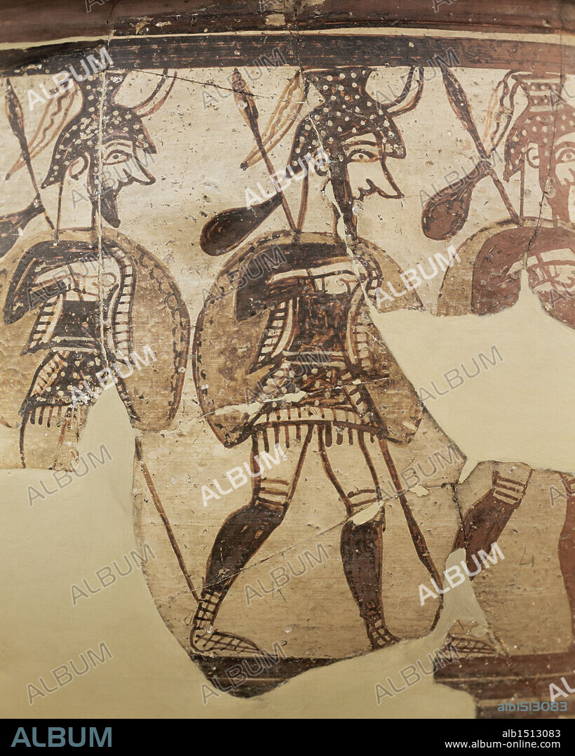 Mycenaean civilization, 13th century b.C. Ceramics. Krater known as the 'Warrior Vase'. Detail, armed soldiers.