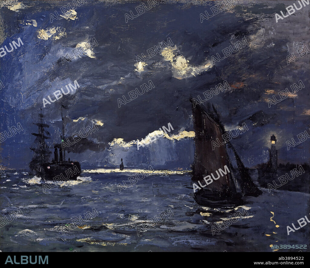 CLAUDE MONET. A Seascape, Shipping by Moonlight. Date/Period: 1864. Painting. Oil on canvas. Height: 600 mm (23.62 in); Width: 738 mm (29.05 in).