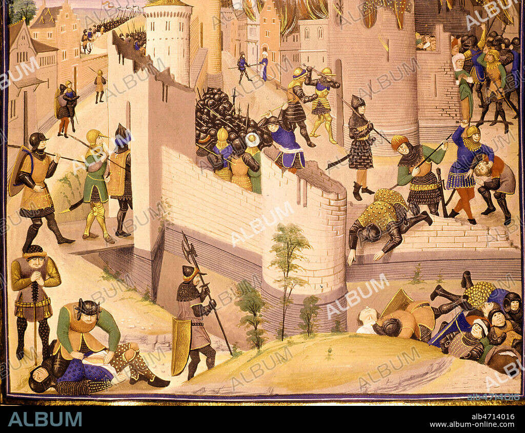 Pillage d'une ville et massacre des habitants. Enluminure par Loyset LIEDET tiree de la Chronique des Empereurs par David AUBERT, vers 1460. Manuscrit medieval conserve a la bibliotheque de l'Arsenal. Ms 5090 f°73. Credit : Collection JEAN VIGNE / KHARBINE-TAPABOR.