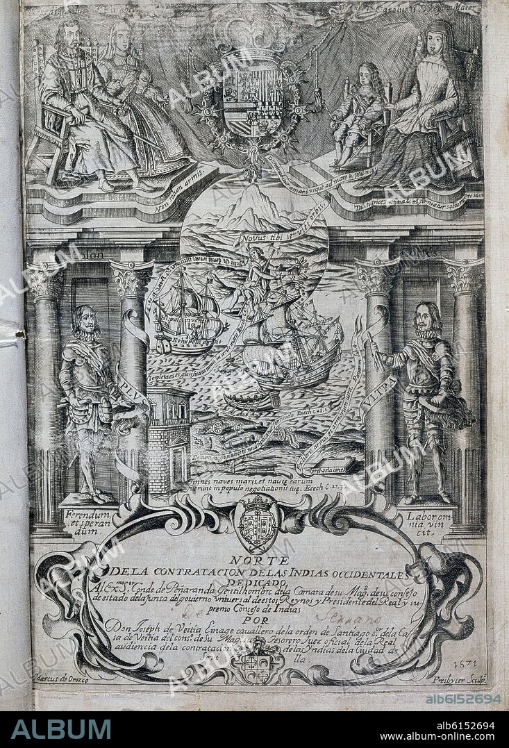 VEITIA JOSE DE. PORTADA - NORTE DE LA CONTRATACION DE LAS INDIAS OCCIDENTALES - 1671 - REYES CATOLICOS - CARLOS II -COLON - HERNAN CORTES.