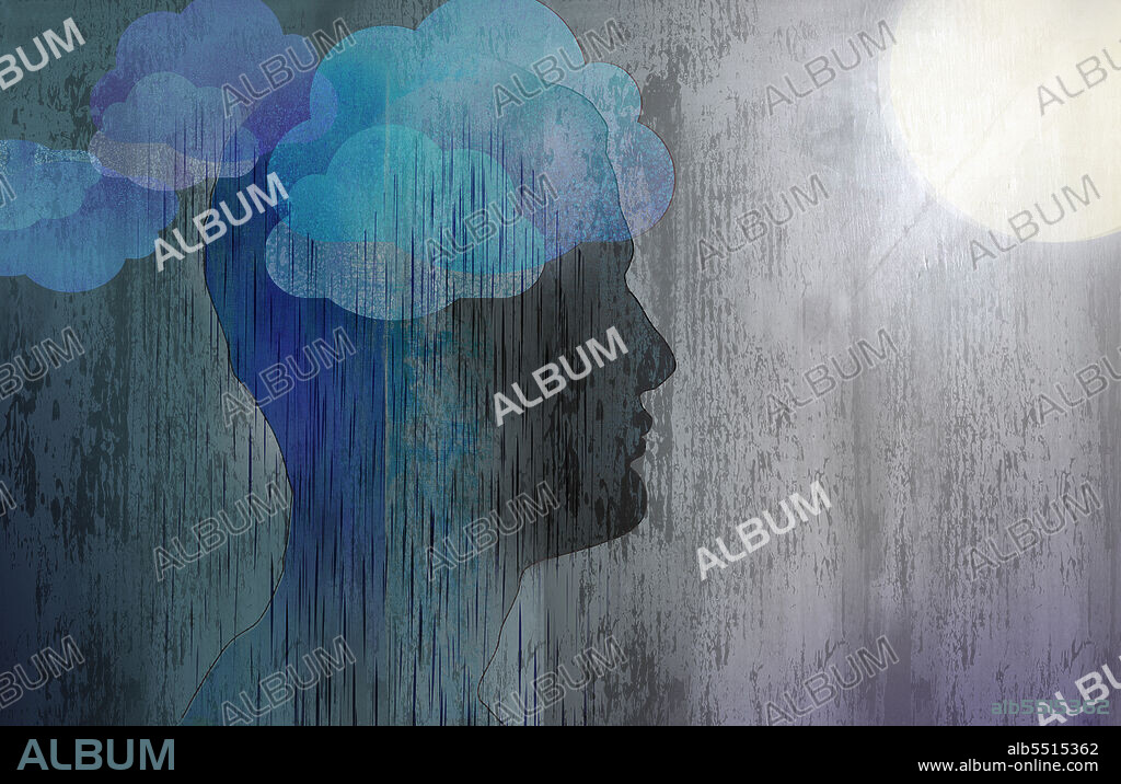 Depressed man with head in rain clouds.