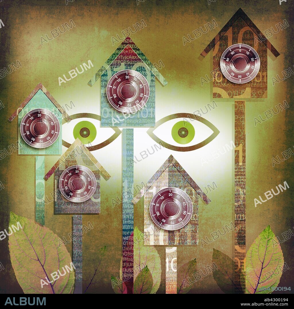 Eyes staring at row of birdhouses with combination locks and binary code.