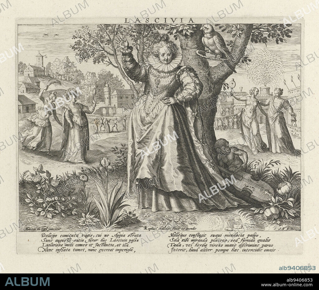 In the foreground is a richly dressed lady, personifying Debauchery (Lascivia). To her right, a monkey plays a viola de gamba. On the left in the center plan, a woman with a headdress of peacock feathers looking into a hand mirror (Wealth/Luxuria). A half-naked woman wearing a fool's cap waves coolness to her with a plume (Praalzucht/Iactantia). To the right in the center plan, a woman wearing two masks (Bedrog/Mendacia) stands along with a woman emptying her purse (Spilzucht/). In the background, people are dancing (left) and gathering around a stage to view a stage performance and fireworks (right). With Latin explanations in caption. The first print of a four-part series on negative human traits., Debauchery Lascivia Four negative human traits (series title), print maker: Raphaël Sadeler (I), (mentioned on object), Maerten de Vos, (mentioned on object), publisher: Raphaël Sadeler (I), (mentioned on object), Cologne, 1592, paper, engraving, w 180 mm × h 149 mm.