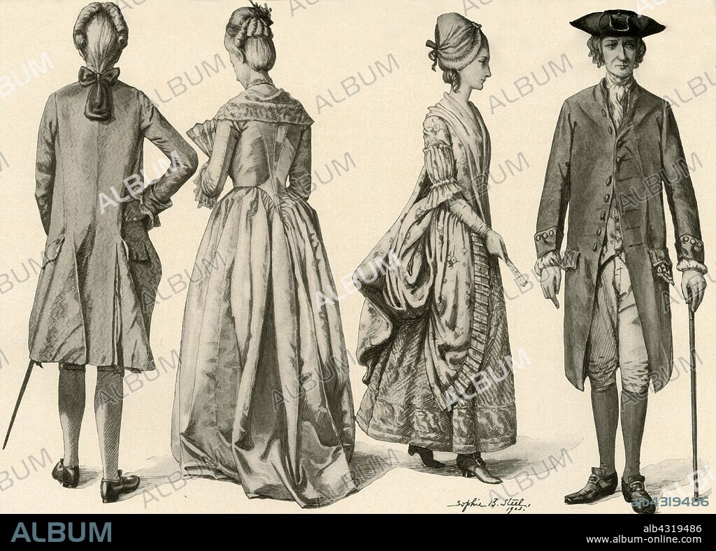 SOPHIE B STEEL. 'Clothing during the Reign of George III 1760-1776', 1903, (1937). From "History of American Costume - Book One 1607-1800", by Elisabeth McClellan. [Tudor Publishing Company, New York, 1937].