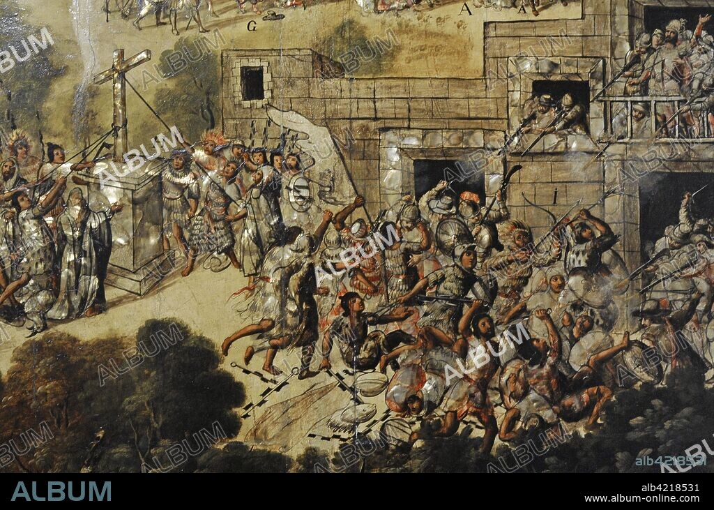 Título: Conquista de México. Autor: Anónimo. Tabla. Pintura al óleo, nácar. Enconchado. Forma parte de un conjunto de 6 tablas. Detalle de enfrentamiento entre conquistadores y nativos. 1676-1700. Escuela Mexicana. Virreinato de la Nueva España. México. América del Norte. Museo de América. Madrid. España.