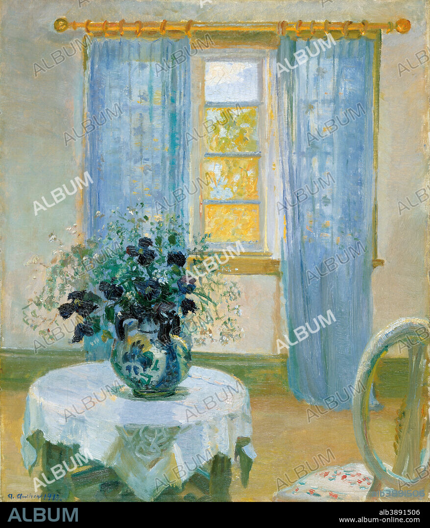 ANNA ANCHER. Interior with clematis. Date/Period: 1913. Painting. Canvas and oil. Height: 64.2 cm (25.2 in); Width: 55 cm (21.6 in).