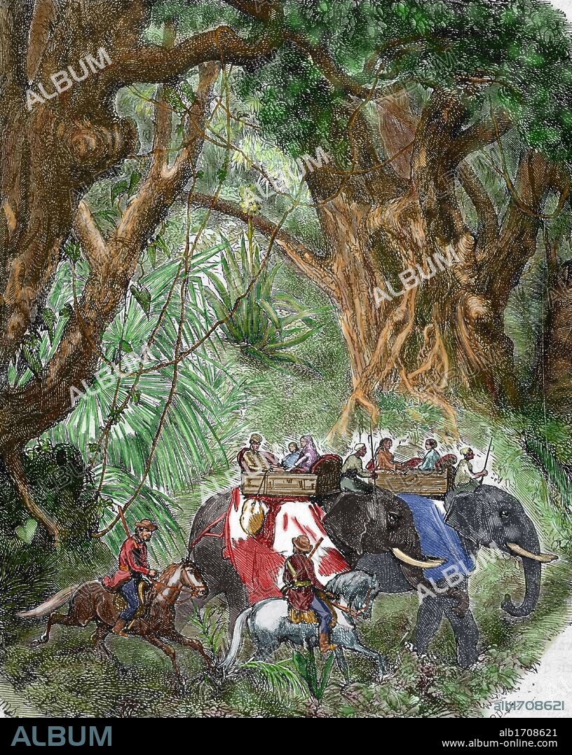 HISTORIA DE LA INDIA. REBELION DE LOS CIPAYOS (1857). Revolución india que estalló como reacción contra la política colonial británica. En 1857 se sublevaron los cipayos, soldados indígenas al servicio inglés, lo que privó de toda autoridad a la Compañía de las Indias Orientales (1858). Grabado coloreado.