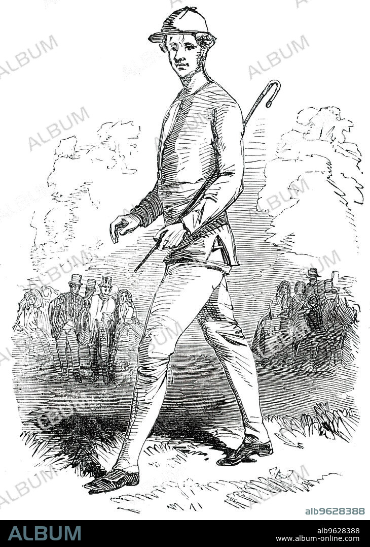 Richard Manks, the Pedestrian, 1850. 'Pedestrian Feat of 1000 miles in 1000 Hours. This unparalleled feat has just been accomplished by Richard Manks, a native of Warwickshire...Manks's style of walking is to bend forward the body, whereby he throws its weight on the knees. His step is short, and his feet are raised only a few inches from the ground, which quickens his pace, and enables him to walk with more ease, and better able to endure the fatigue of his long journey than by walking perfectly erect, which would throw too much of the weight of the body on the ankle joints...He walks in light shoes and lamb's wool stockings, which preserve his feet from injury. He packs the inside of his shoe-heels with a portion of horse-hair sock...The crowds on the distant hills were unprecedented. Manks... had on preceding Sabbaths performed his task in his usual Sunday clothes'. From "Illustrated London News", 1850.